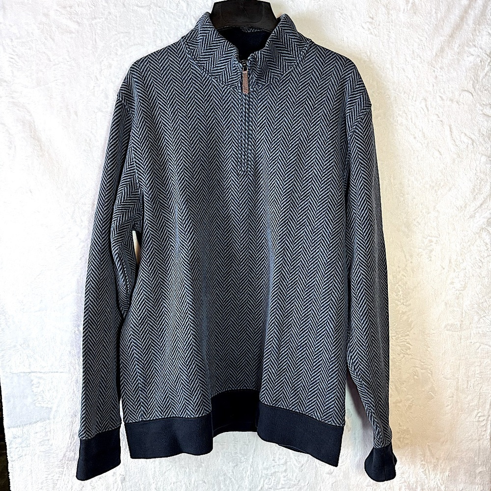 Land’s End Men’s Bedford Quarter Zip Pullover Blue Herringbone 100% Cotton